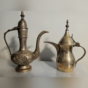 Set of 2 Vintage Solid Brass Aftaba Ewer Water Pitcher Genie Lamp Etched India